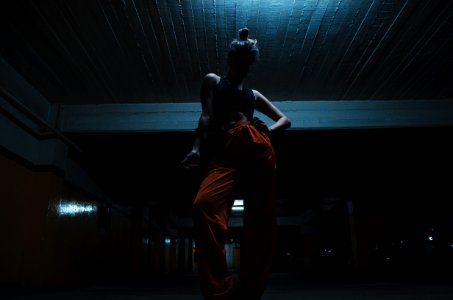 Woman Wearing Black Crop Top With Orange Pants photo