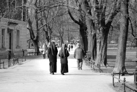 Grayscale Photo Of Two Nuns photo