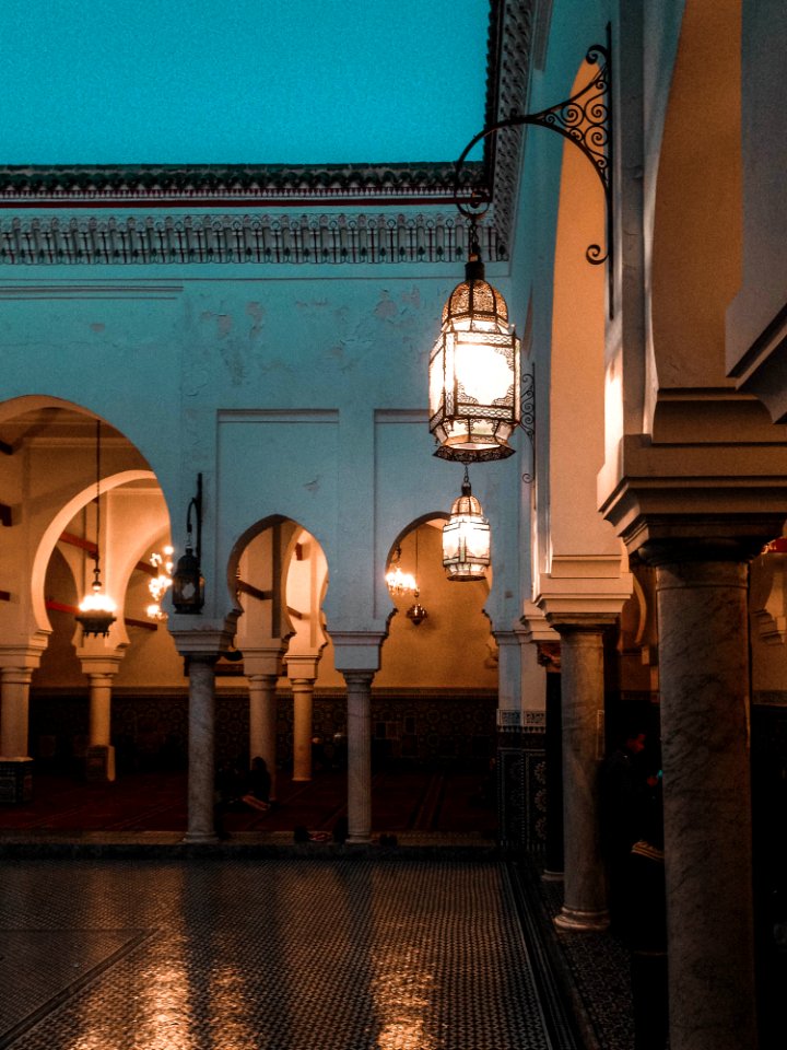 Temple With Lighted Hanging Lamps photo