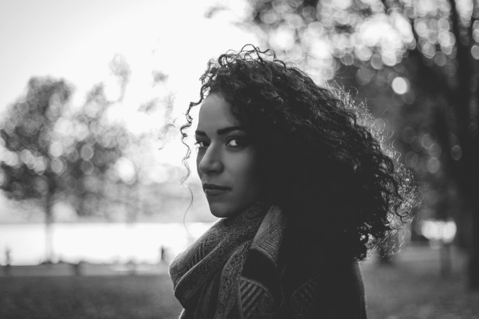 Woman Wearing Scarf Grayscale Photo photo