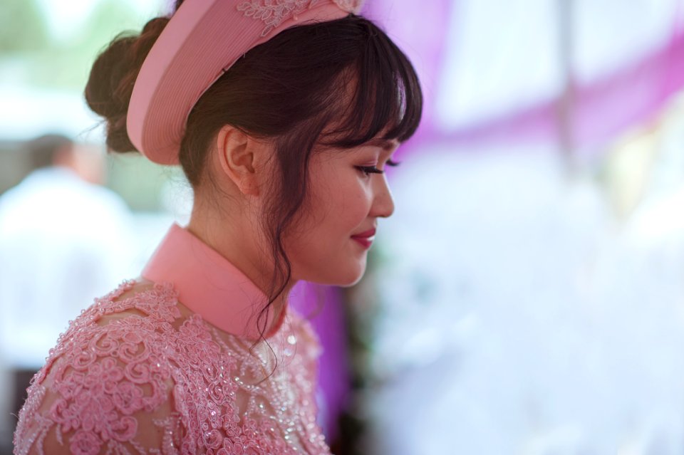 Person Taking Photo Of Black Haired Woman In Pink Floral Dress In Tilt Shift Photography