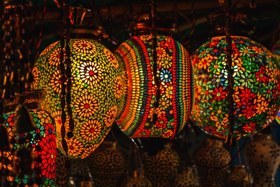 Three Multicolored Floral Pendant Lanterns