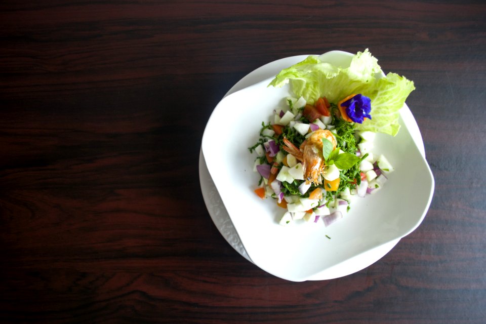 Vegetable Salad With Shrimp On White Plate