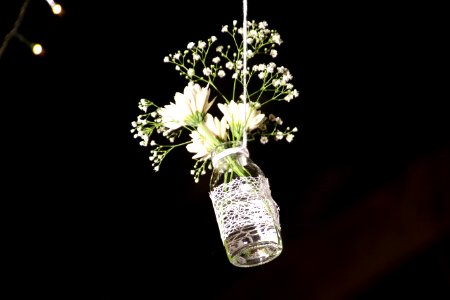 Photo Of White Flowesr On Clear Glass Bottle photo