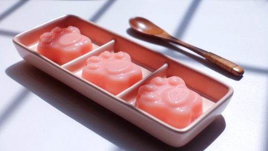 Paw Shape Jell-o On Pink Ceramic Container Near Brown Wooden Tablespoon