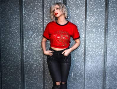 Woman In Red Crew-neck T-shirt photo