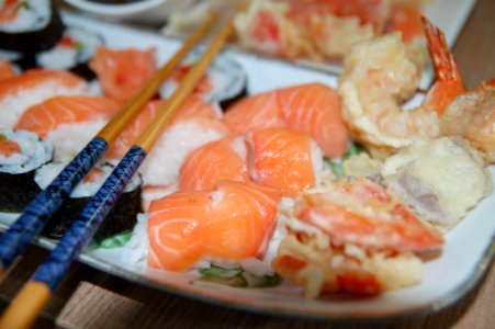 Chopsticks On Top Of Variety Of Sushi On Plate