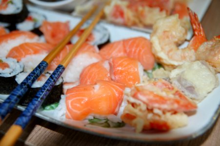 Chopsticks On Top Of Variety Of Sushi On Plate photo