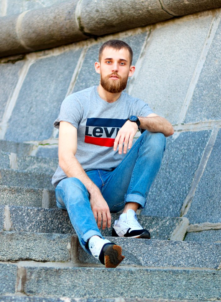 Blue Photograph Man Sitting