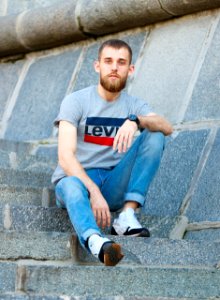 Blue Photograph Man Sitting