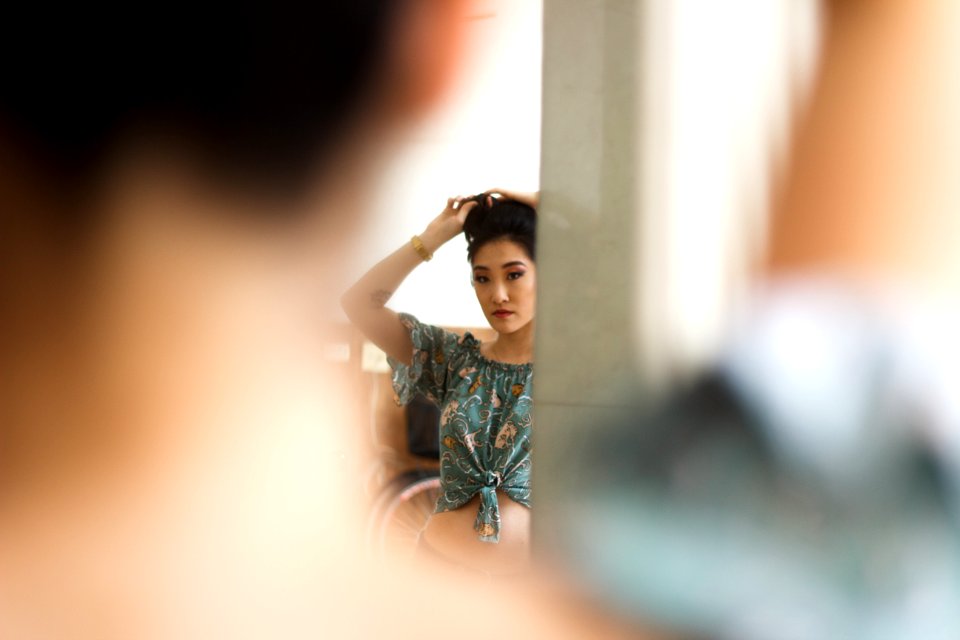 Woman Wearing Grey Crop Top Blouse Posing For Photo