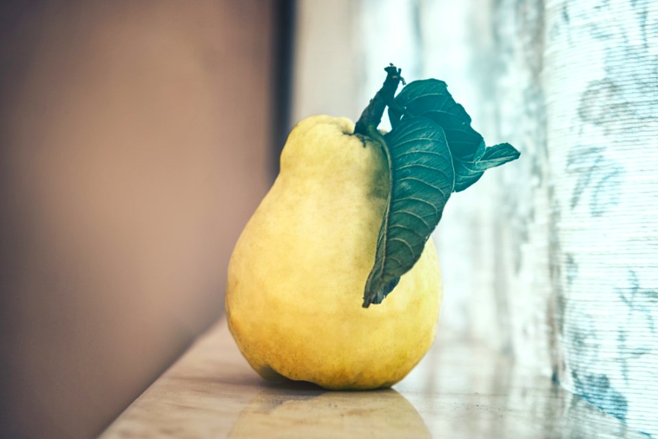 Peach On Table Near Curtain