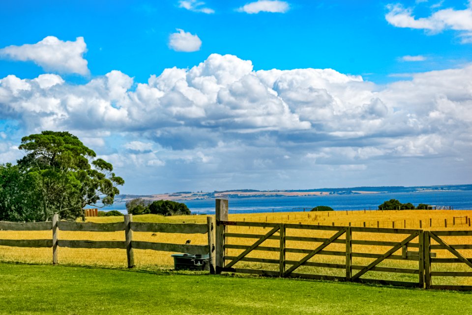Brown Wooden Fence Across Crop Field Near Body Of Water