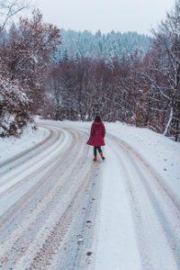 Woman Wearing Red Coat Standing On White Snow Road photo