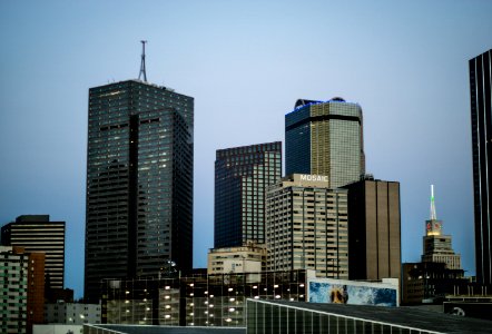 Black Curtain Glass Building Beside Four Curtain Glass Buildings Under Blue Sky