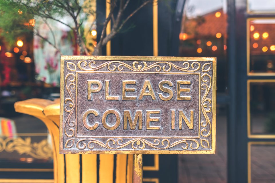 Close Up Photo Of Antique Brown Please Come In Sign