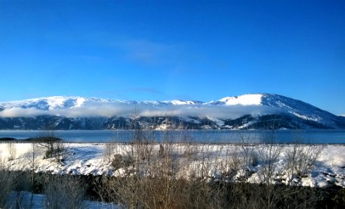 Landscape Photo Of Body Of Water Within Snow Coated Mountain Range photo