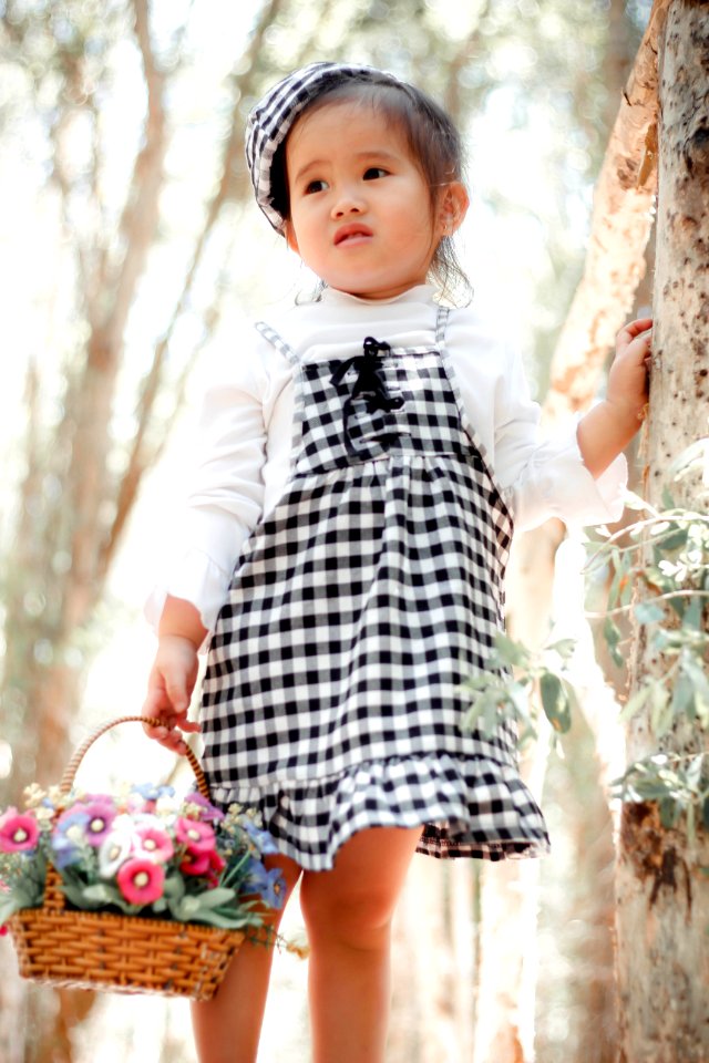 Girl In White Long-sleeved Dress Holding Basket Of Flowers