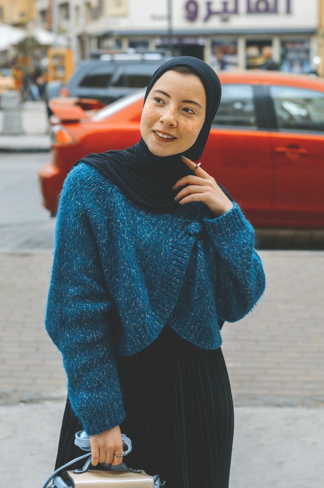 Woman In Blue Sweater With Black Hijab Outfit