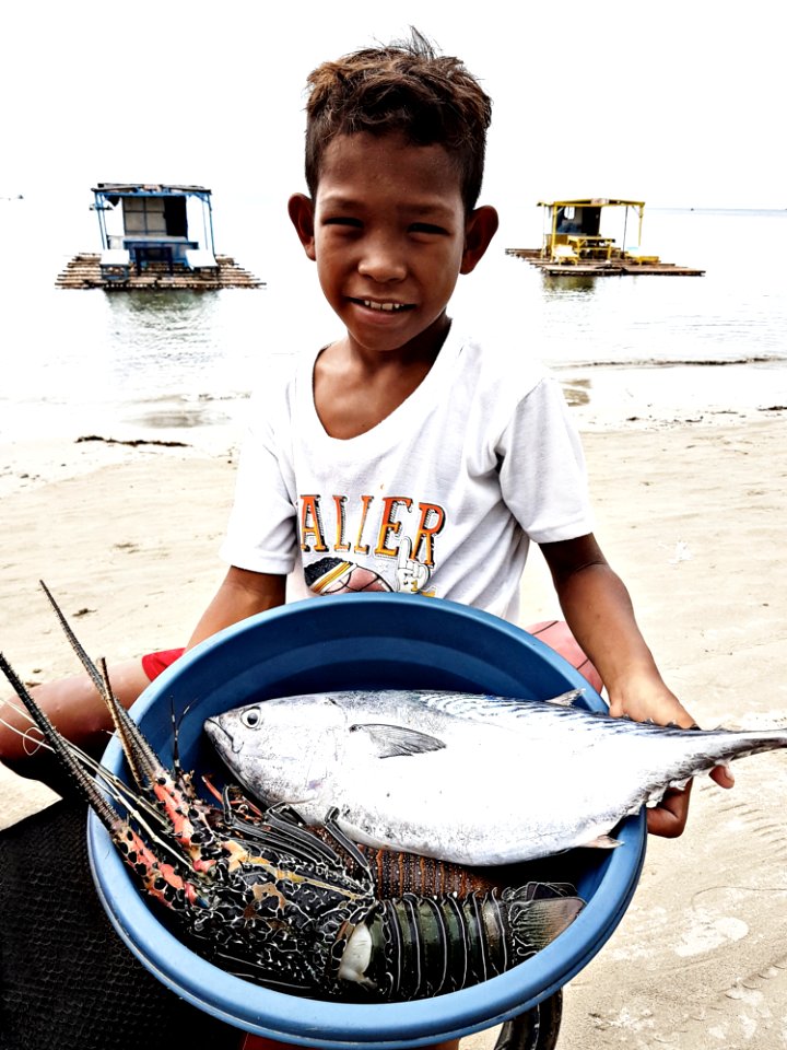 Boy Wearing White Crew-neck T-shirt Holding Blue Plastic Basin Full Of Lobster And Fish