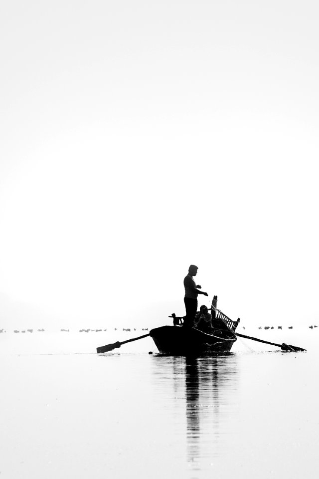 Grayscale Picture Of Two People Go On Fishing
