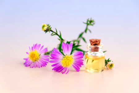 Purple Petal Flowers With Clear Glass Bottle With Cork In White Background photo