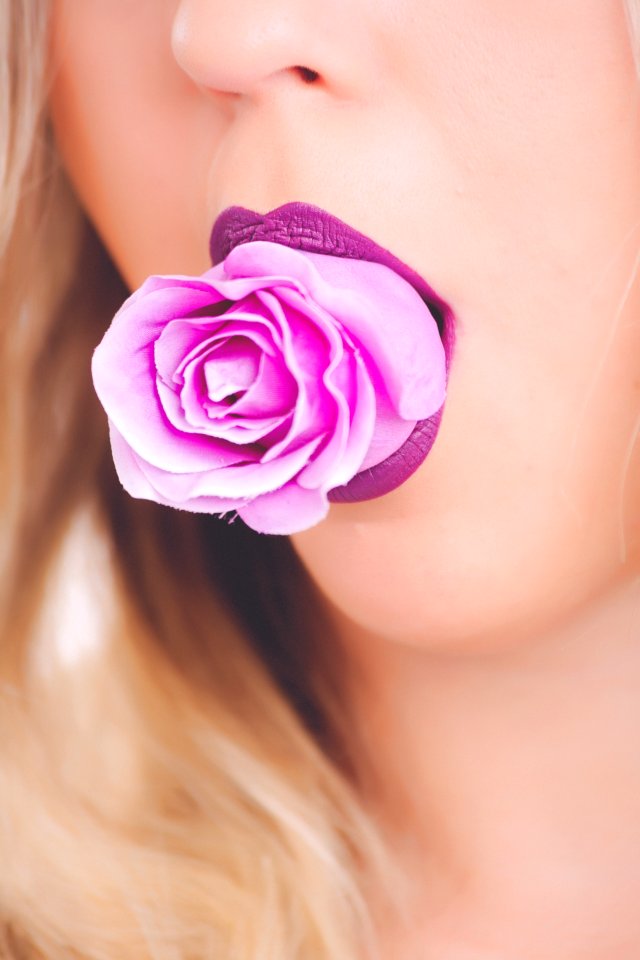 Pink Rose Flower On Womans Mouth