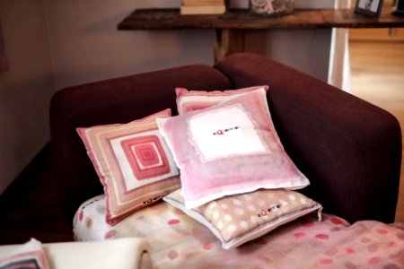 Four Assorted-color Throw Pillows On Padded Red Sofa photo