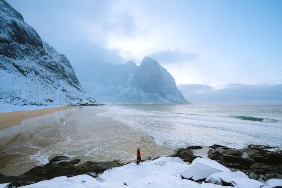 Person Wearing Red Jacket On Seashore