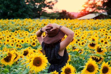 Photo Of Woman In Black Dress Standing On Sunflower Field photo