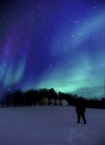 Person Wearing Black Jacket Standing On Snowy Field During Nighttime photo