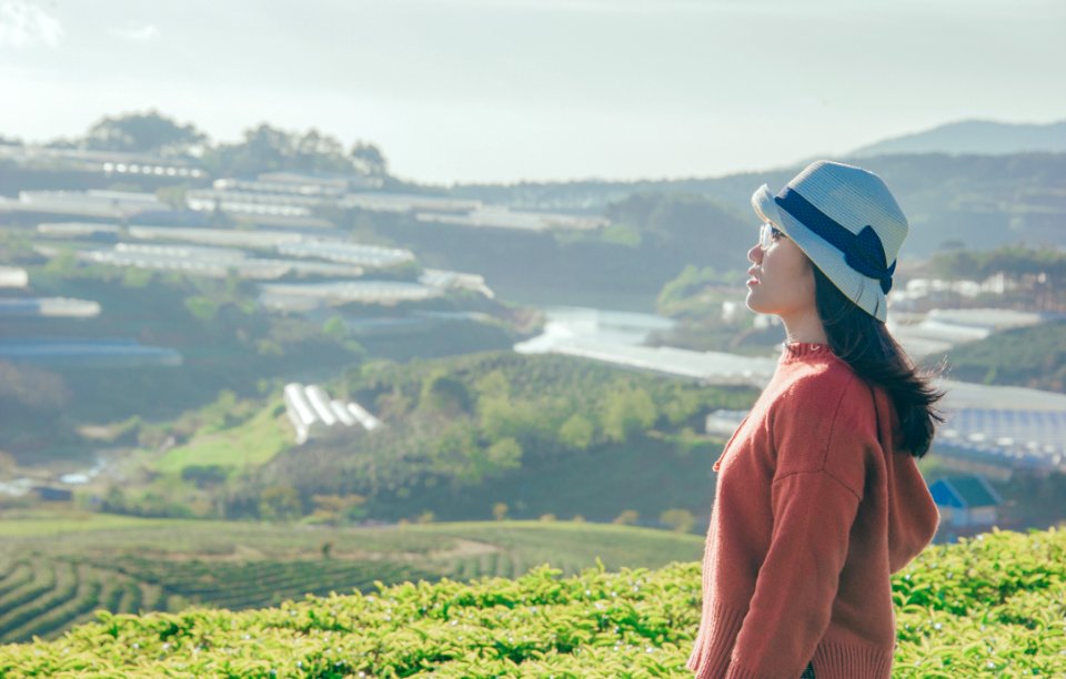Woman In Red Sweater With Gray Hat Beside Green Field