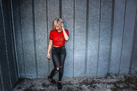 Photo Of Woman In Red Crew Neck T-shirt photo