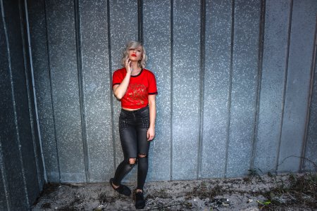 Woman In Red Scoop-neck Shirt