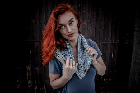Woman Wearing White And Gray Scarf photo
