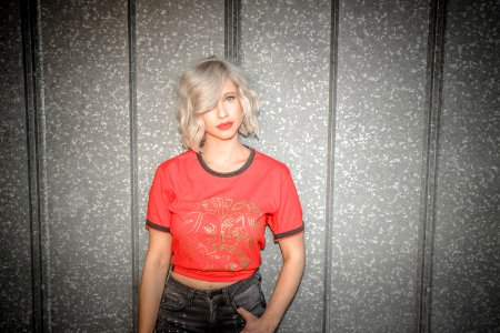 Woman Wearing Red And Gray Crew-neck T-shirt photo