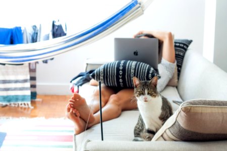 Woman Lying On Sofa With Cat In Her Foot