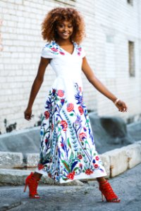 Woman Wearing White And Multicolored Floral V-neck Short-sleeved Maxi Dress
