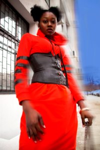 Womens Orange Collared Long-sleeved Dress And Gray Corset