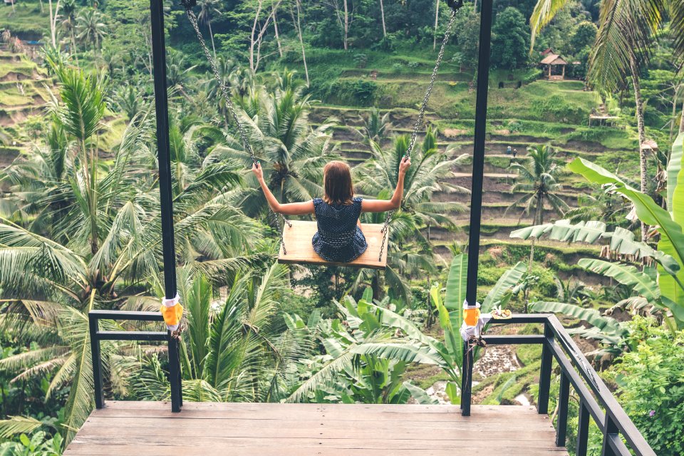 Girl Swinging Above Green Trees At Daytime