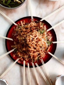Pasta Served On Plate With Chopsticks photo