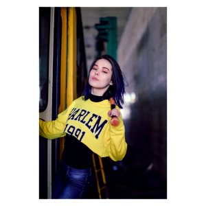 Woman Wearing Yellow Harlem 1991 Long-sleeved Crop-top Standing photo