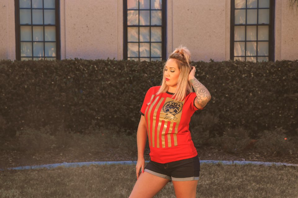Woman With Red And Beige Crew-neck Shirt