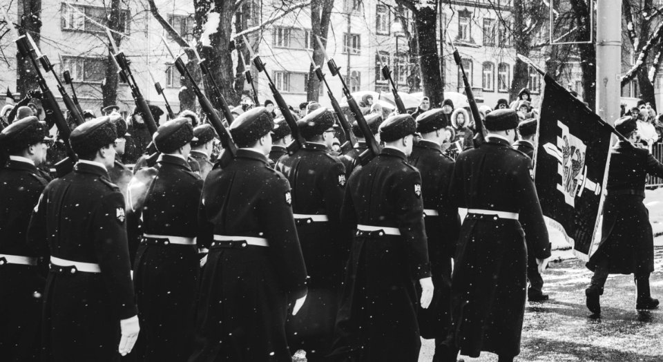 Grayscale Photo Of Soldiers Matching