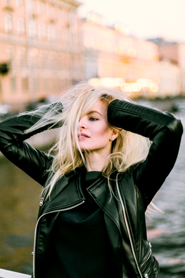 Woman Wearing Black Leather Bikers Jacket