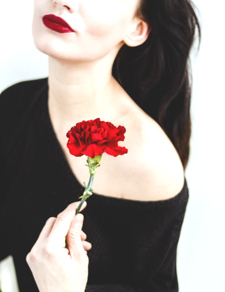 Woman In Black One-shoulder Top Holding Red Carnation
