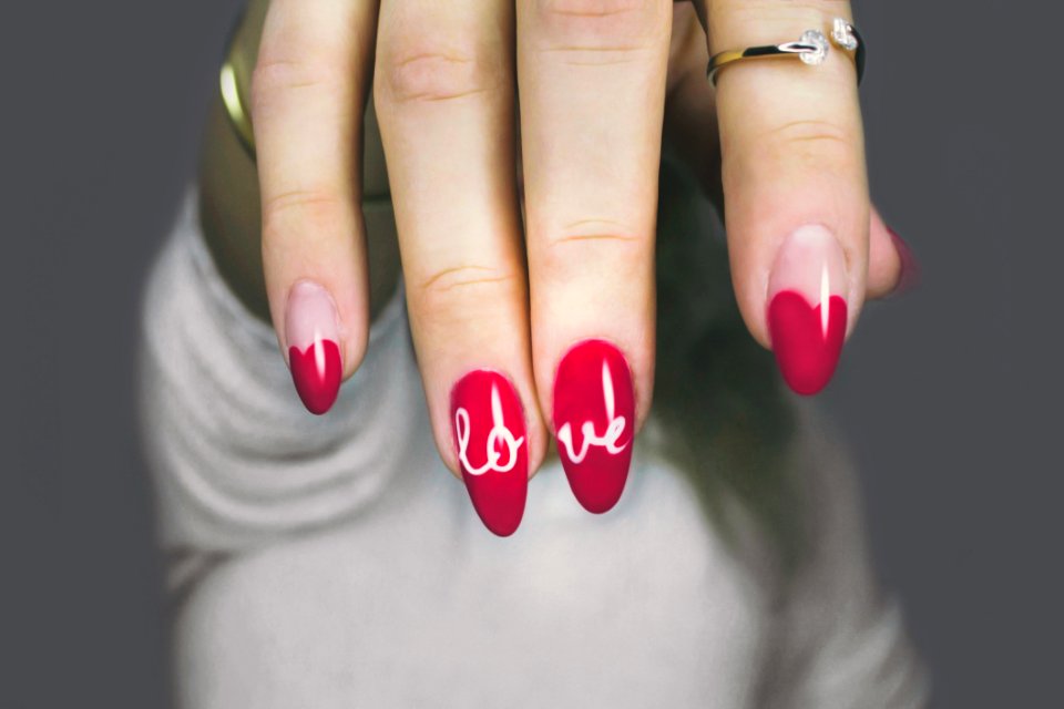 Red And White Manicure With Love Print