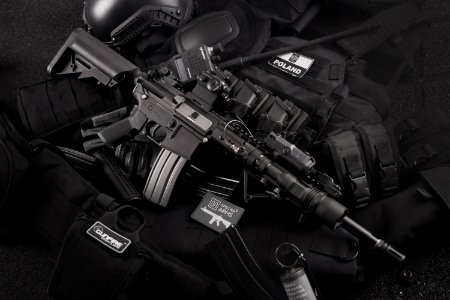 Grayscale Photo Of Black M4a1 On Magazines photo