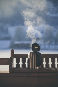 Gray And Black Electric Kettle On Wooden Bench photo