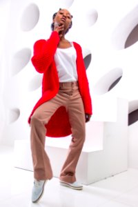 Woman Wearing Shirt Red Cardigan Beige Dress Pants